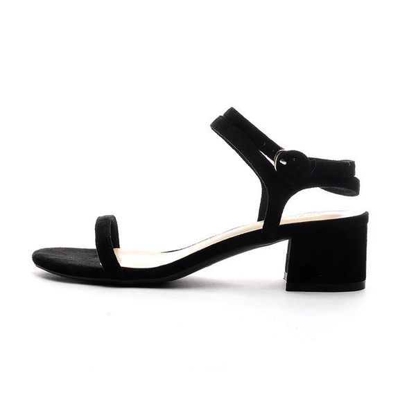 

sandals women mid heel summer slip-on buckle ladies shoes round toe flock 4cm thick high heels size 35-42 black