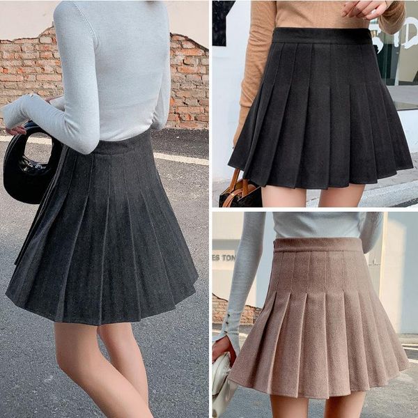 

skirts autumn winter woolen pleated skirt korean version of high waist anti-wardrobe malfunction student plaid women's sports, Black
