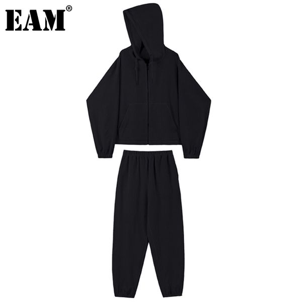 

[eam] wide leg pants casual big size two piece suit hooded long sleeve black loose fit women fashion spring autumn 21512, White