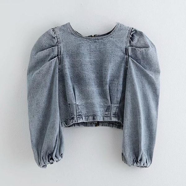 

women's blouses & shirts women vintage puff sleeve pleats denim casual short ladies o neck back zipper chic shirt autumn jeans blusas, White