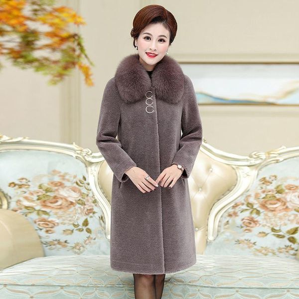 

women's fur & faux 2021 women autumn winter natural wool coat granular sheep shearing jacket female warm mid-long outwear overcoat x543, Black