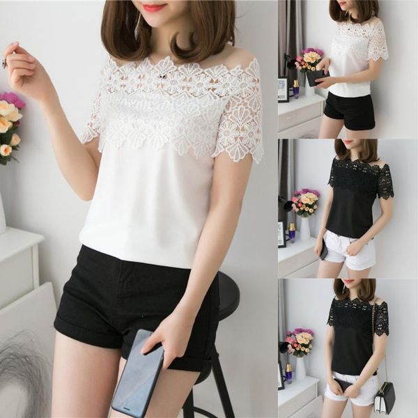 

fashion lace hollow blouse shirt off shoulder casual summer ladies loose female women short sleeve blusas women's blouses & shirts, White