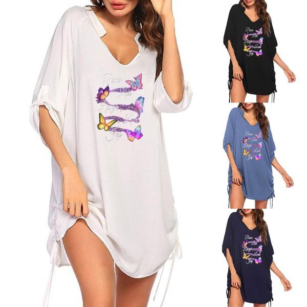 

casual dresses women's fashion butterfly print v-neck short beach blouse shirt dress, Black;gray