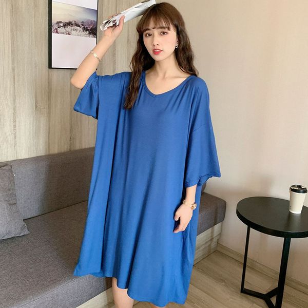 

women's sleepwear simple solid volor v-neck night women loose plus size nightshirt half sleeve female summer nightgowns 100 kg wea, Black;red