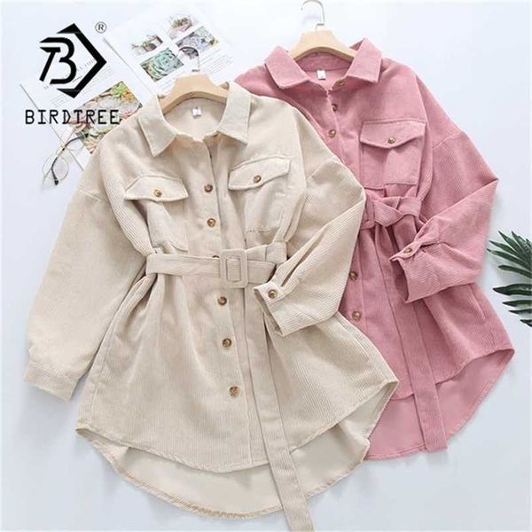 

spring women solid corduroy batwing sleeve vintage shirt jacket with belt turn-down collar long outwear female casual 211117, Black;brown