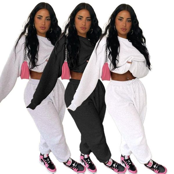 

women's two piece pants simple pure color o neck long sleeve bro and casual lady fashion tracksuits high street outfits, White