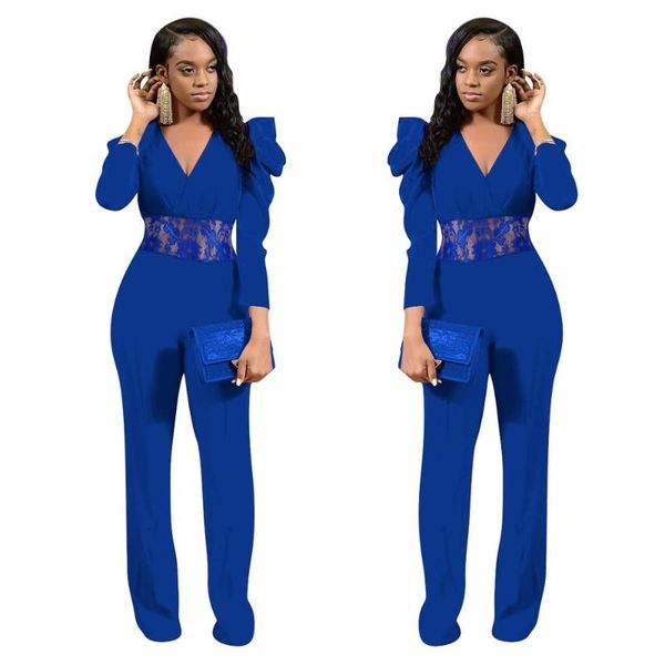 

women's jumpsuits & rompers office lady butterfly sleeve design high waist wide leg pants fashion v-neck lace spliced party, Black;white