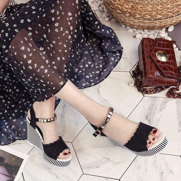 

dress shoes ankle strap front rear highplatform wedges heels women sandals solid summer fashion, Black