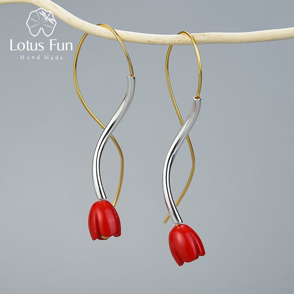 

lotus fun real 925 sterling silver handmade designer fine jewelry ethnic style red rose flower dangle earrings for women gift 210507, Golden;silver