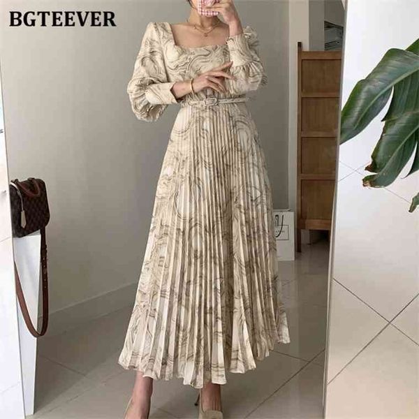 

bgteever elegant square collar women pleated long sleeve slim belted sashes female printed dress vestidos, Black;gray