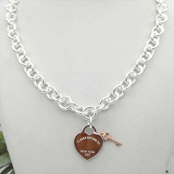 

chains s925 tif sterling silver heart and key tag necklace for women thick chain personality girlfriend jewelry on neck