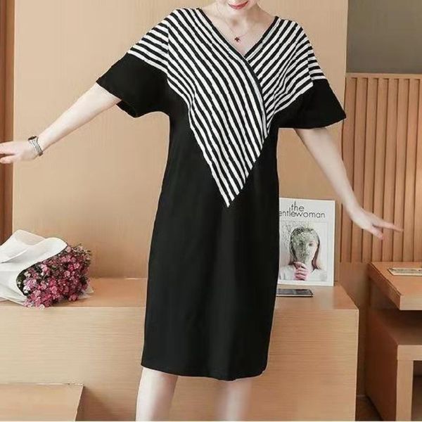 

summer dress womem short sleeve plus size dresses black loose stripe t shirt casual vintage robe ete, Black;gray