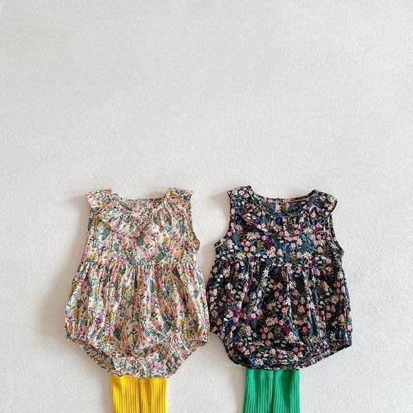 

spring girls bodysuit floral sleeveless lapels clothes rompers, Blue