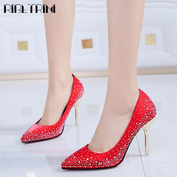 

dress shoes ribetrini thin high heels rhinestone slip-on pointed toe crystal women pumps sweet shallow date, Black