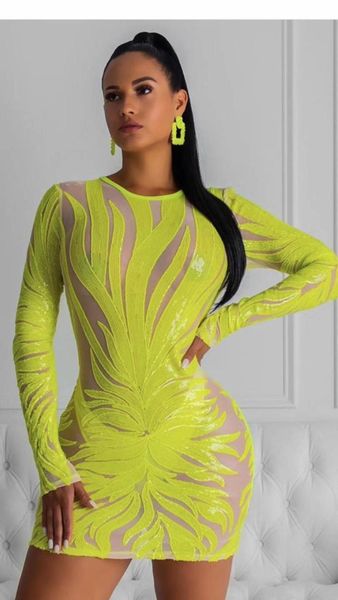 

casual dresses winter style women long sleeve sequins floral mesh yellow famale fashion bandage dress 2021 rayon elastic mini party, Black;gray
