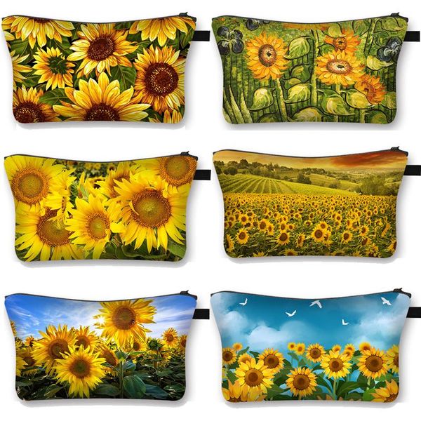 

yellow sunflower woman mini waterproof makeup bag fashion multicolour cosmetic case girls toiletry bags gift travel organizer & cases