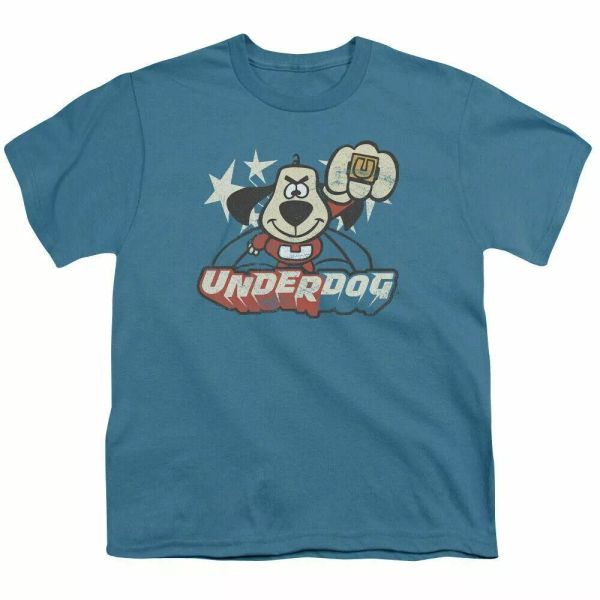 

Underdog Flying Logo Kids Youth T Shirt Licensed Classic Cartoons Tee Slate, White;black