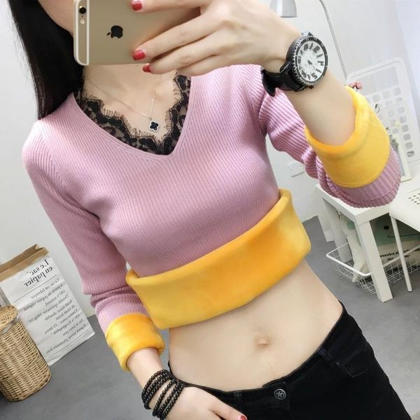 

women's sweaters 2021 autumn winter plush sweater loose warm thickened lace v-neck short slim bottomed shirt fashion top, White;black