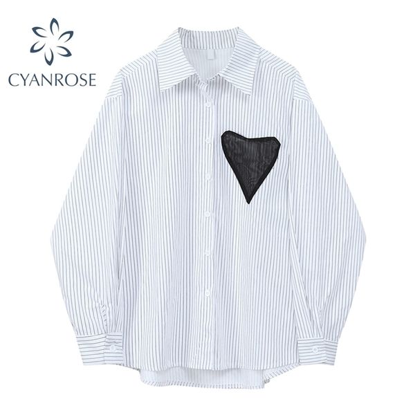 

boyfriend striped blouse women spliced mesh love pattern design oversized shirt female long sleeve lapel basic blusas 210515, White