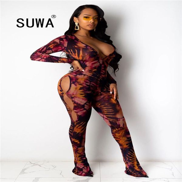 

women's jumpsuits & rompers women spandex long sleeve v neck high elasticity zippers rib bodysuit print pattern tie dye outdoor party o, Black;white