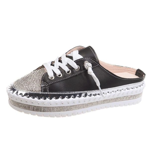 

baotou half slippers female thick bottom wild rhinestone wedge heel pointed high-heeled wearing sandals 5625, Black