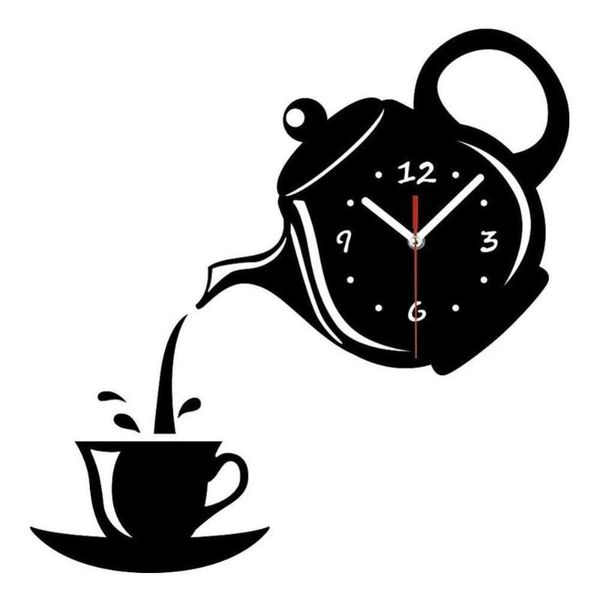 

wall clock stickers acrylic coffee cup teapot self adhesive mirror diy kitchen home living room decorative clocks