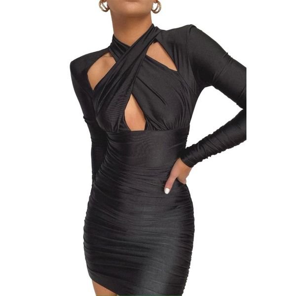

casual dresses women close-fitting hollow out min dress black solid color halter neck long sleeve ladies pure strap pencil short, Black;gray