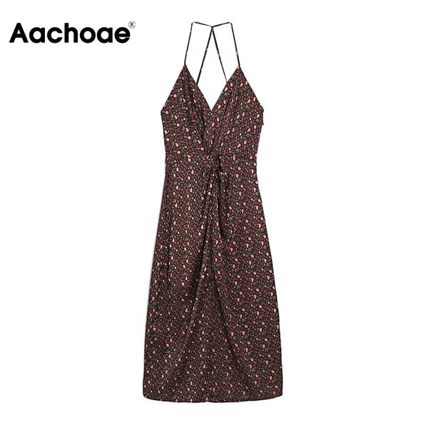 

chic women cherry print halter female sleeveless bow knot midi dress summer backless split party dresses 210413, Black;gray
