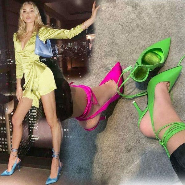 

dress shoes neon pumps woman pointed toe cross-tied thin high heels fashion party ladies zapatos de mujer, Black