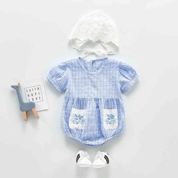 

baby summer retro plaid short sleeve skirt romper born floral cotton ruffle bodysuit princess one-piece outfits wear 210429, Blue