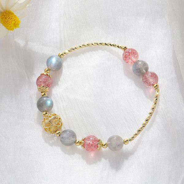 

beaded, strands gold plating hollow ball natural strawberry crystal moonstones beaded strand bracelets for women fashion jewelry gifts ybr56, Black