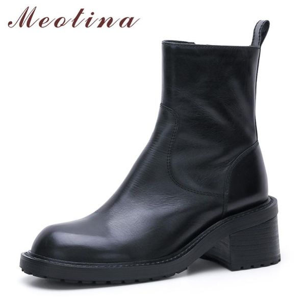 

boots meotina natural genuine leather high heel ankle women shoes round toe zipper block heels short autumn winter black