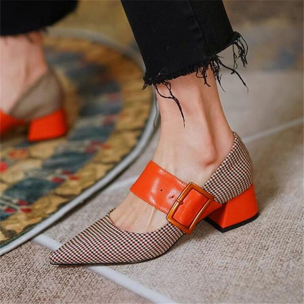 

spring and autumn ladies high heels retro thick heel shoes ins color matching houndstooth pointed toe dress, Black