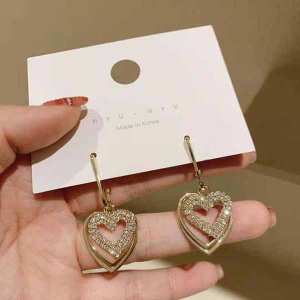 

south korea dongdamen 2021 new stereo long full diamond love female peach heart s925 silver needle earrings, Black