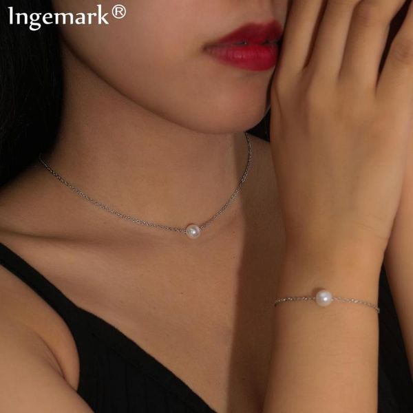 

earrings & necklace goth lover small pearl pendant bracelet set for women korean kpop minimalism simple engagement gift couple jewelry sets, Silver