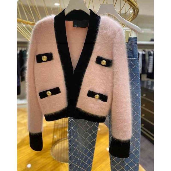 SweatersJumpers Kurze V-Ausschnitt Langarm Rosa Mohair Strickjacke Jacke Chic Koreanisch Elegant Sexy Kontrast Retro Süße Mode 210429