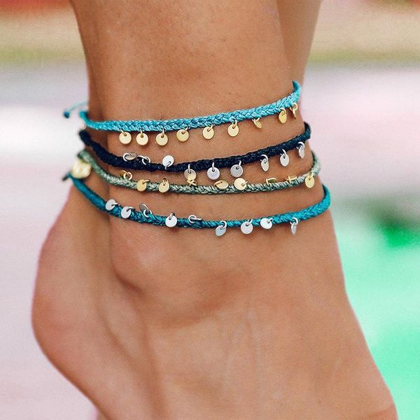 

anklets wax thread anklet hand woven copper disc pendant simple beach jewelry, Red;blue