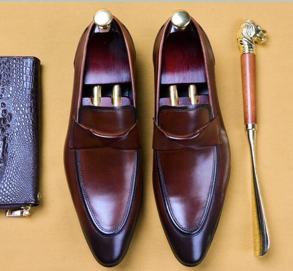 

dress shoes formal for men slip on wedding genuine leather handmade pointed toe men's, Black