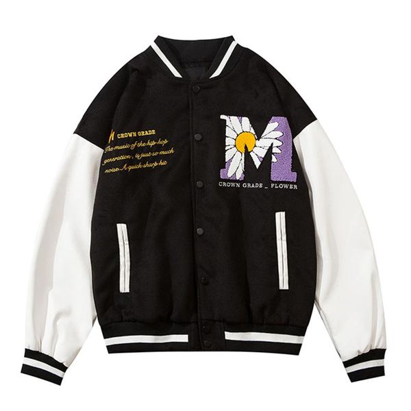 

hip hop patchwork button jackets mens harajuku streetwear embroidery daisy bee bomber jacket baseball coats men's, Black;brown