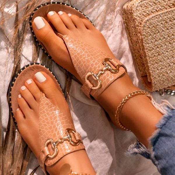 

pure color pu herringbone open toe flat heel comfortable fashion all-match metal decorative sandals zq0248 slippers, Black