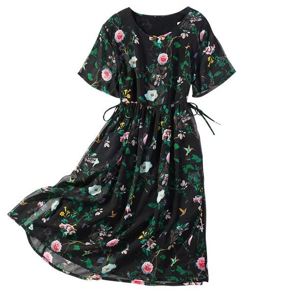 

dress women's 100% mulberry silk loose type two-layers long midi dress tie waist short sleeve black floral side slit jn612, Black;gray