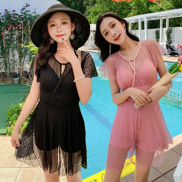 

the bikini one piece swimsuit girl lace cover belly show thin lady ins windnet red fairy fan spring bikini, White;black