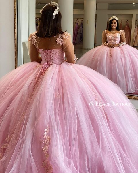 Rosa manica lunga 2022 Abiti Quinceanera Lace Up Appliqued Perline Jewel Neck Princess Ball Gown Prom Party Wear Sweet 16 Dress Vestidos Masquerade Dress