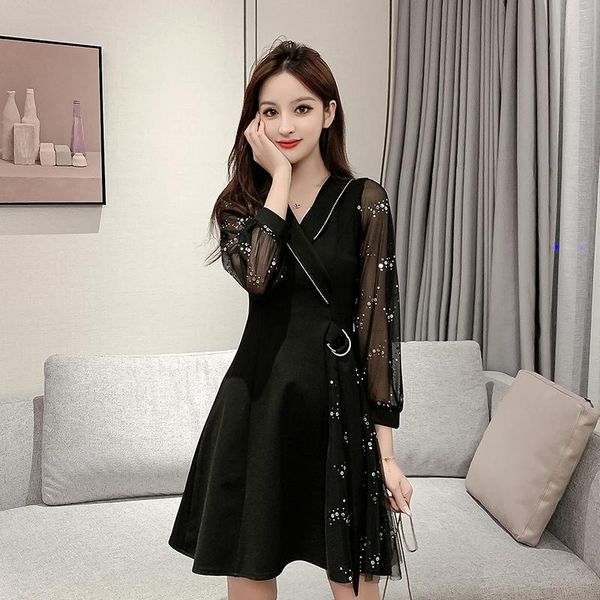 

casual dresses 2021 the spring women long sleeve dress v-neck vintage korean fashion elegant ladies party mesh mini clothes, Black;gray