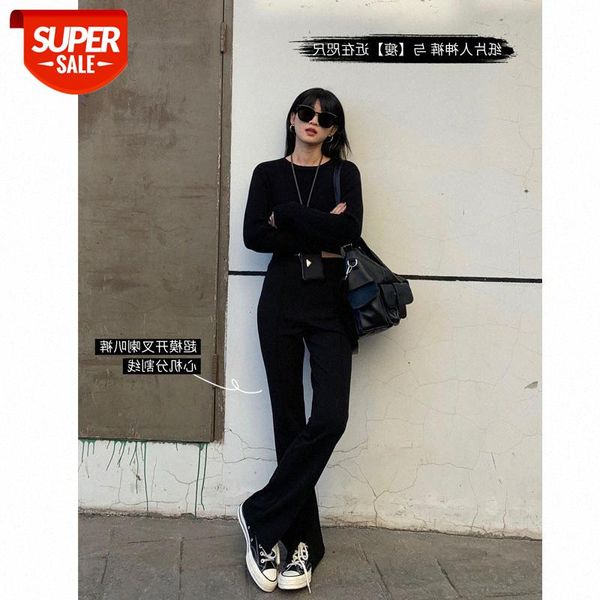

net celebrity with slit wide-leg flared pants women's waist drape is thin and mopping the floor. #sv41, Black;white