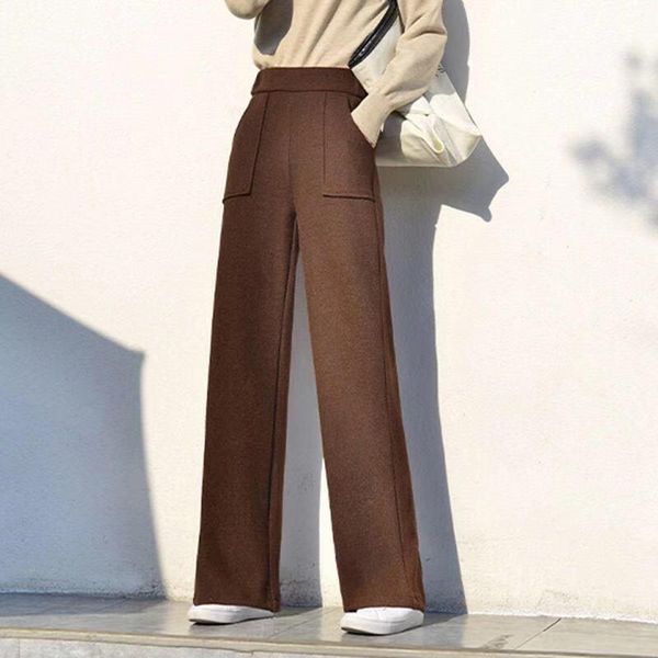 

women autumn winter casual woolen pants female pocket high waist wide leg trouser lady solid plus size straight h102 women's & capris, Black;white