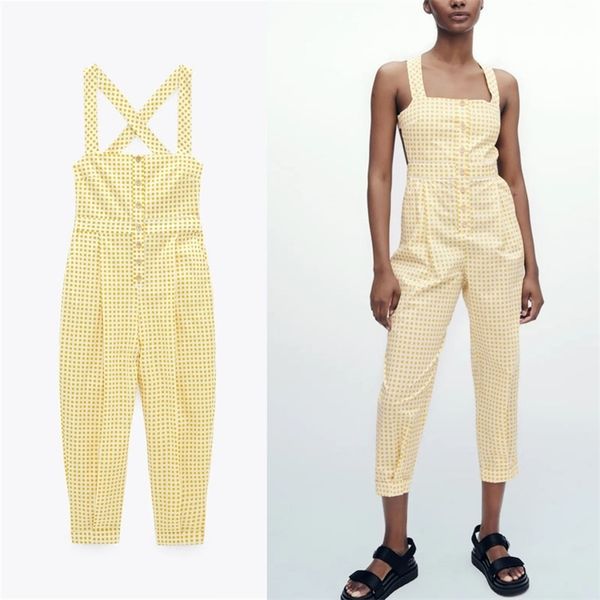 

jumpsuit women sleeveless wide straps gingham summer jumpsuits woman chic button up vintage yellow plaid playsuits 210524, Black;white