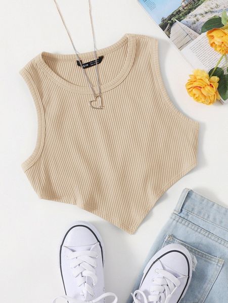 

asymmetrical hem rib-knit crop tank j9mk#, White