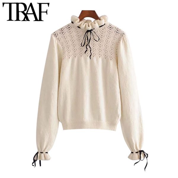 

traf women fashion with bows hollow out knitted sweater vintage high neck long sleeve female pullovers chic 210415, White;black