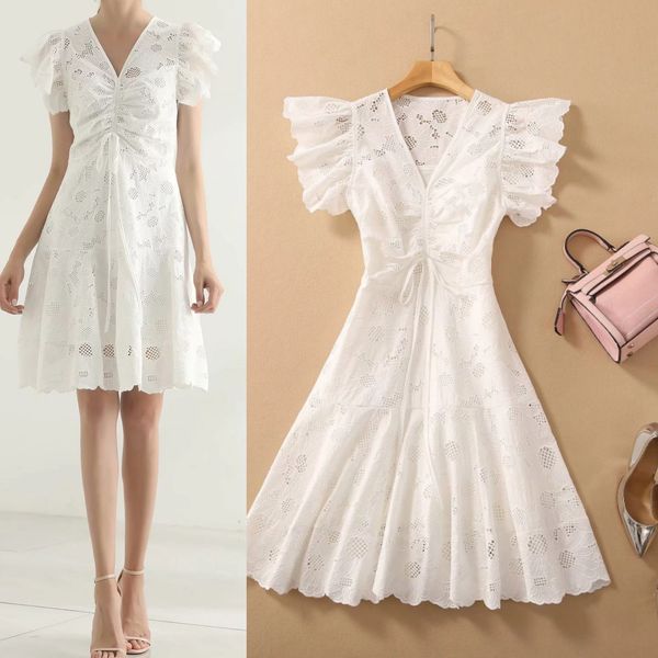 

european and american high-quality catwalk style dress v-neck hollow flower pleated large swing flying sleeves, Black